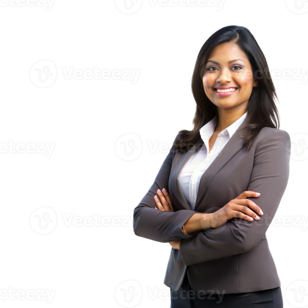 Confident businesswoman with arms crossed, isolated on transparent background png