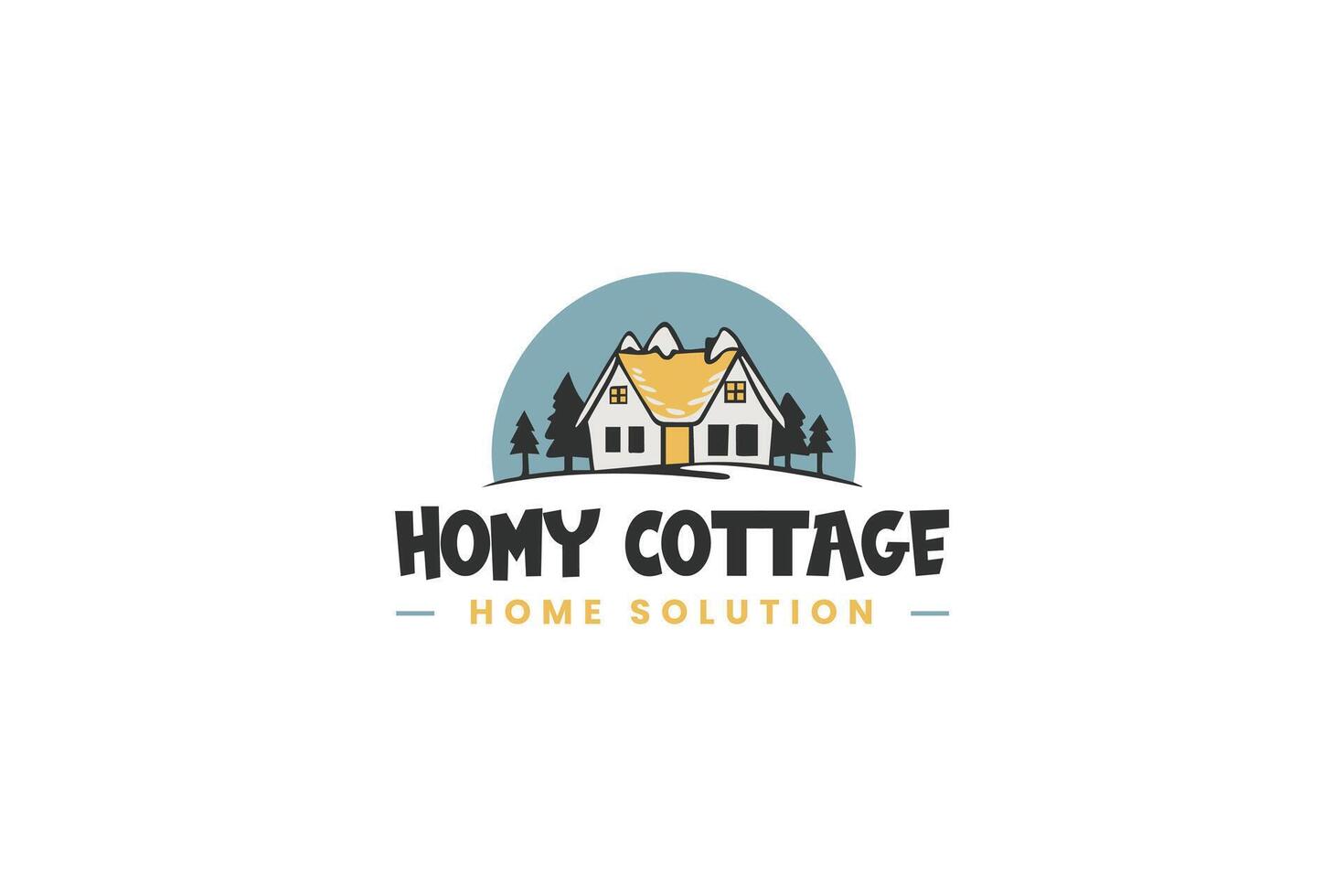 Logo design for Homy Cottage showcasing a cozy home with mountains and trees, ideal for a home solutions brand vector