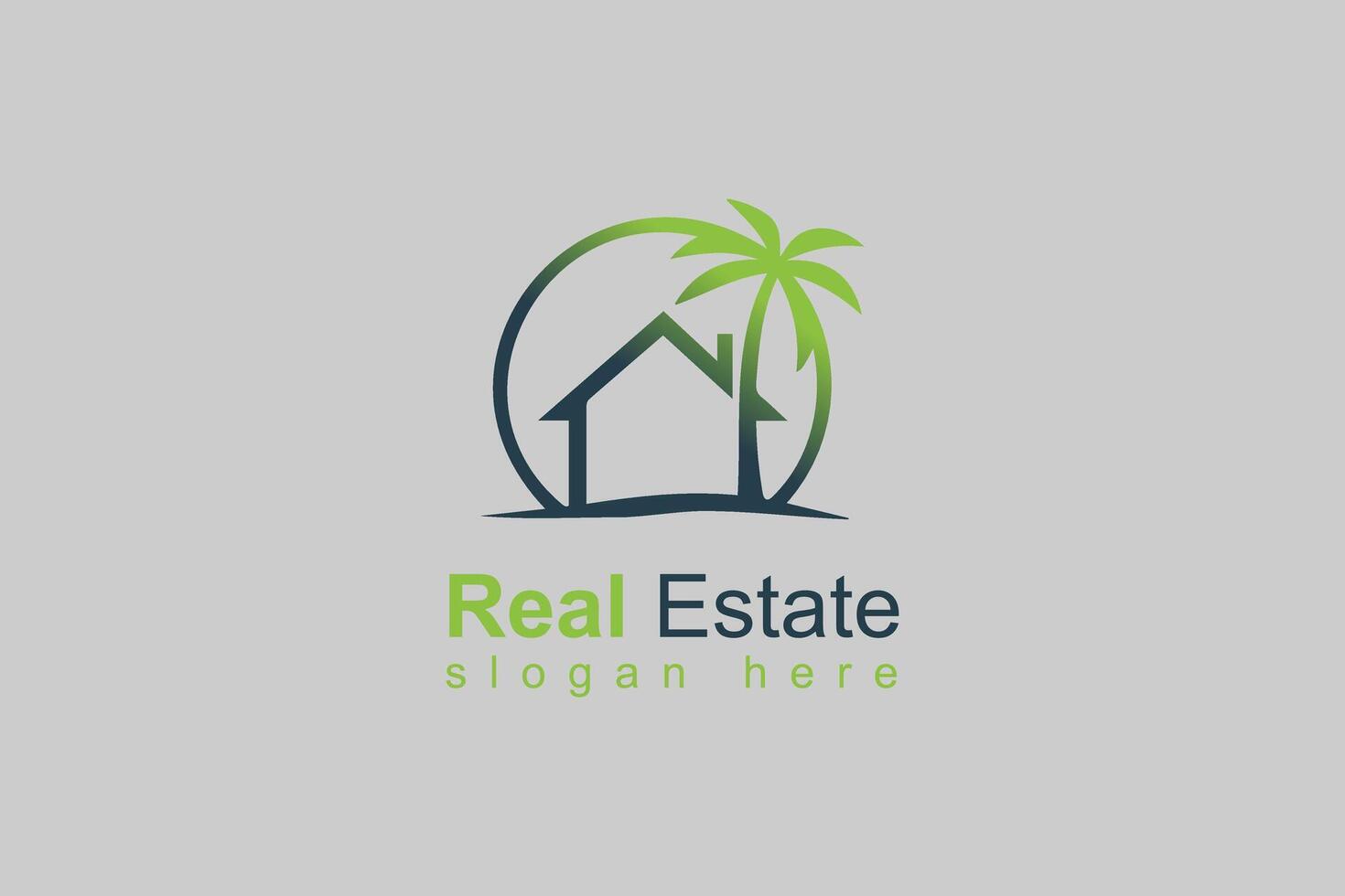 Logo design featuring a house and palm tree representing a real estate business in a tropical setting vector