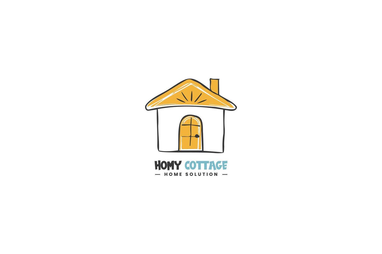 A hand-drawn illustration of a cozy cottage design with a cheerful sun above, representing a home solution concept vector