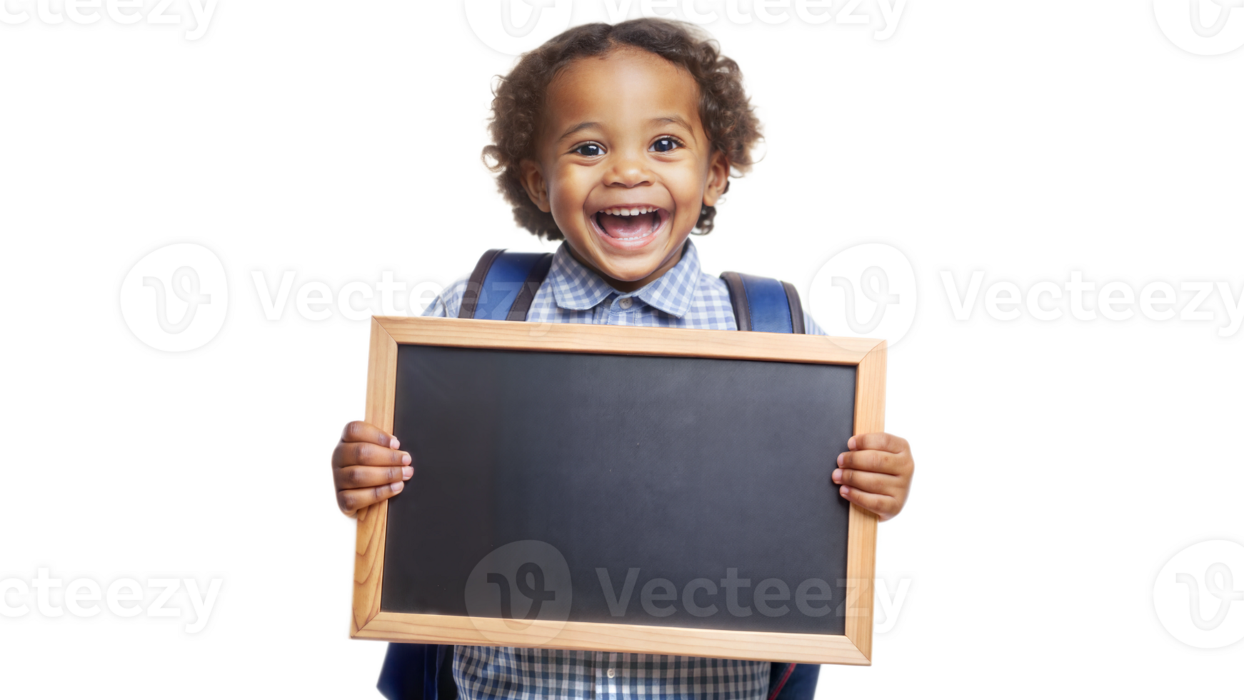 Excited child with chalkboard and backpack, transparent png