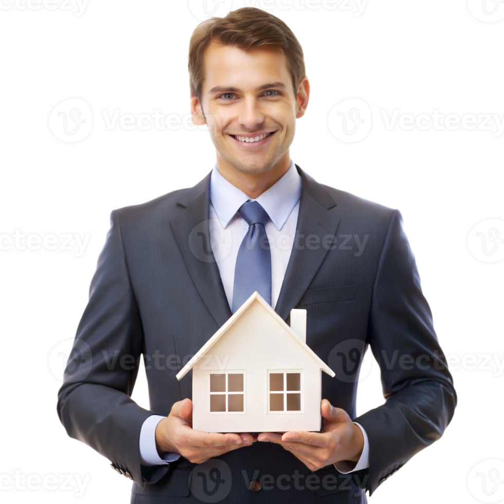 Professional holding white house model, isolated on transparent background png
