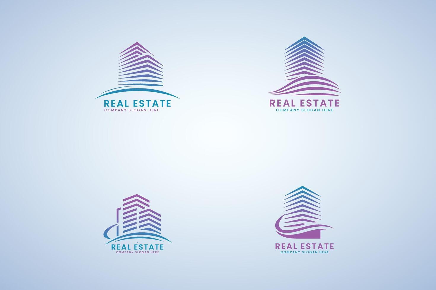 Modern real estate logo design showcasing four variations on a light blue background vector