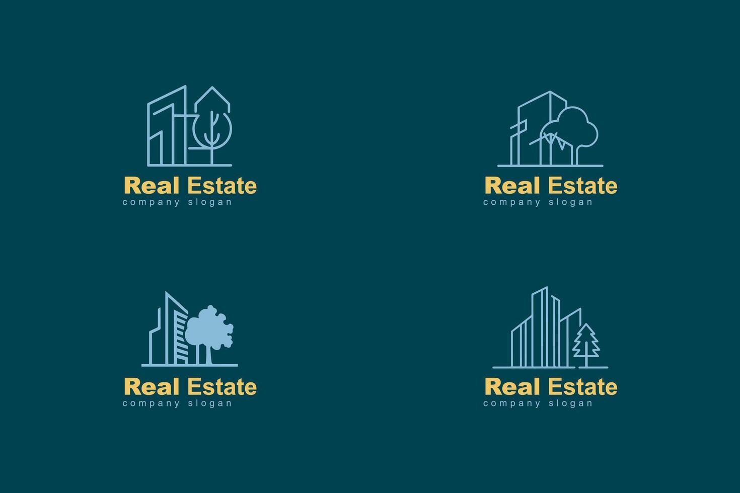 Various real estate logo designs featuring buildings and trees on a dark backdrop vector