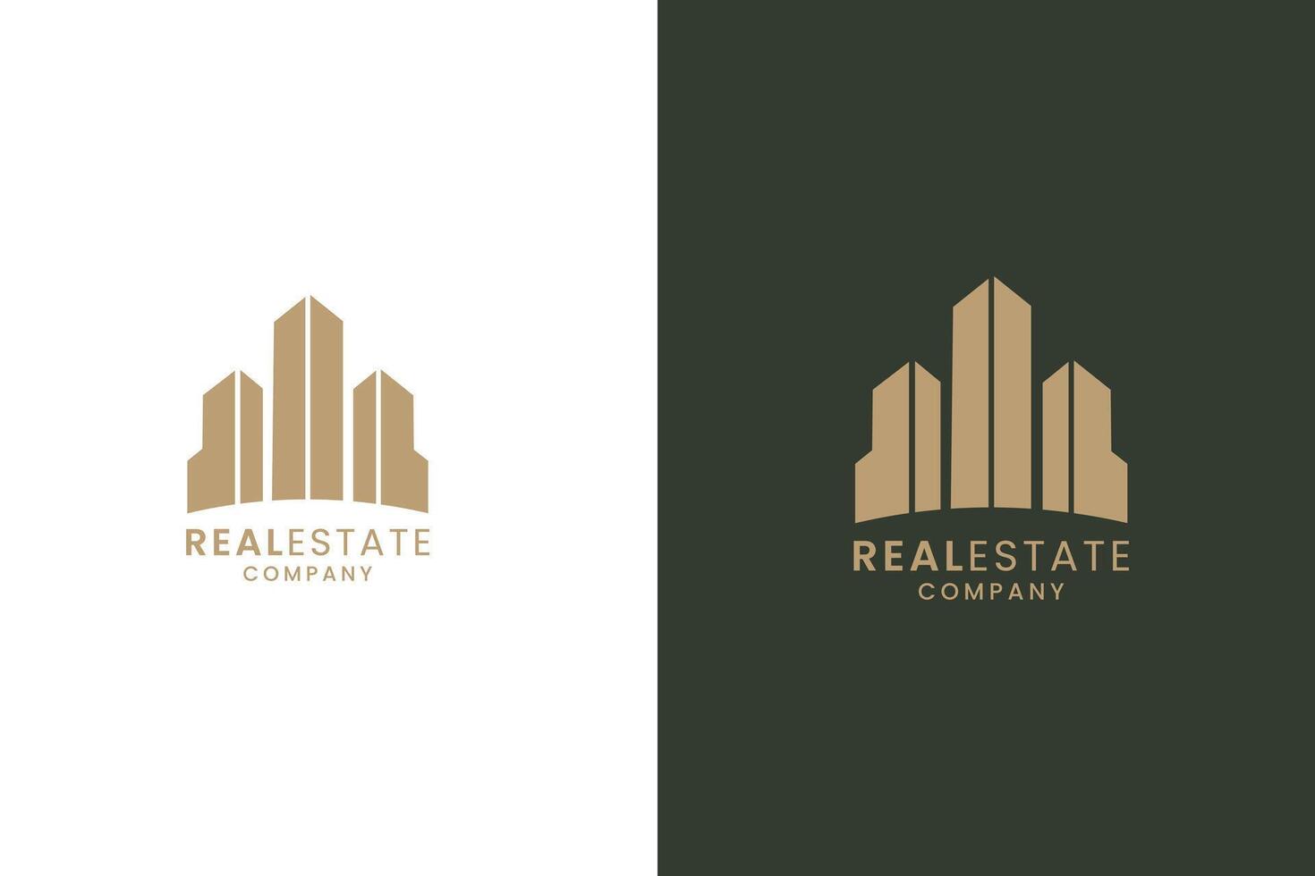 Stylized logo for a real estate company featuring geometric buildings in gold on contrasting backgrounds vector