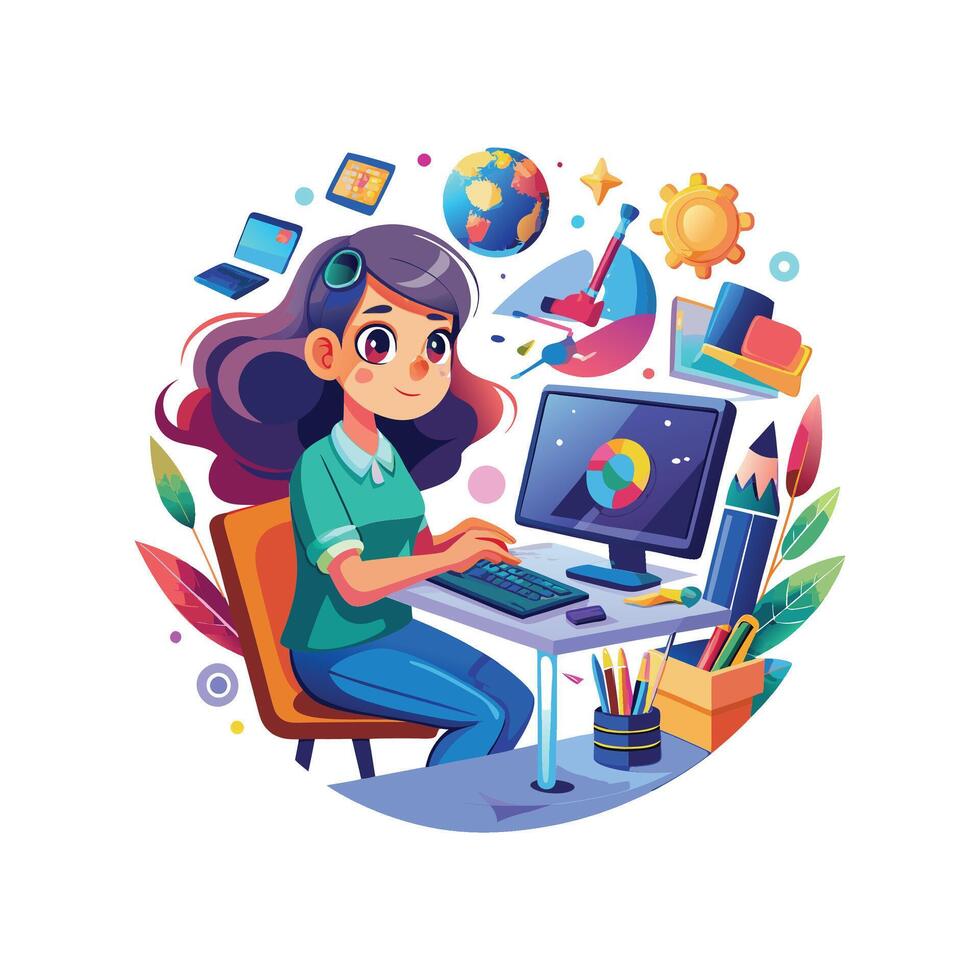 A girl using a computer with happy, flower, table, light, illustration vector
