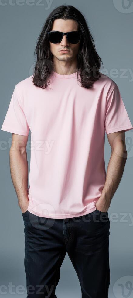 Model displays a blank t-shirt, exuding confidence with a relaxed posture photo