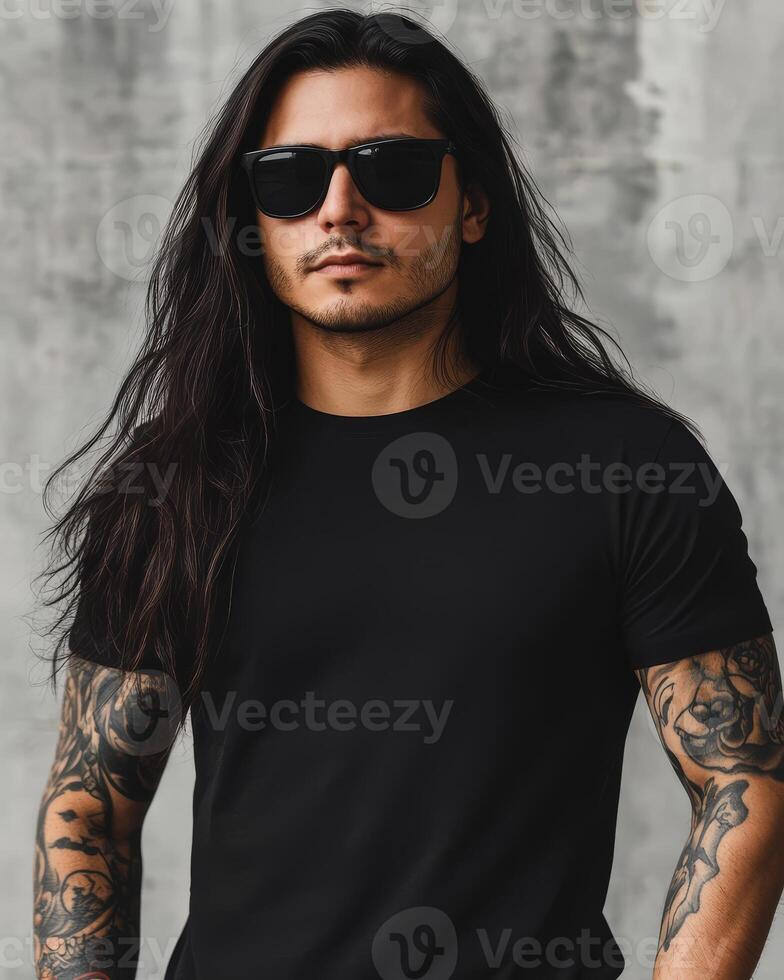 A confident model displays a blank t-shirt in an urban atmosphere photo