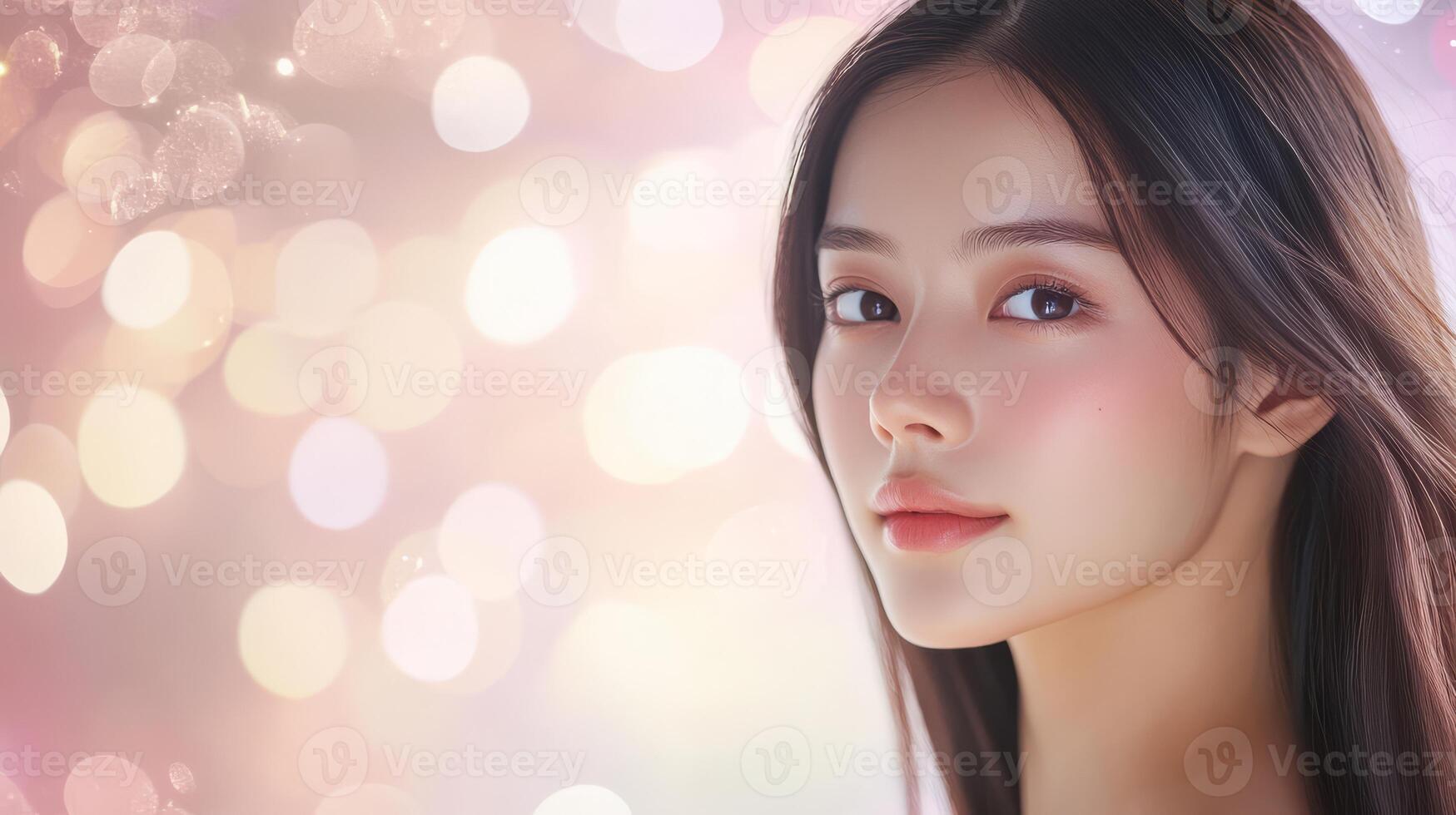 A graceful woman with smooth hair radiates beauty in a dreamy atmosphere photo