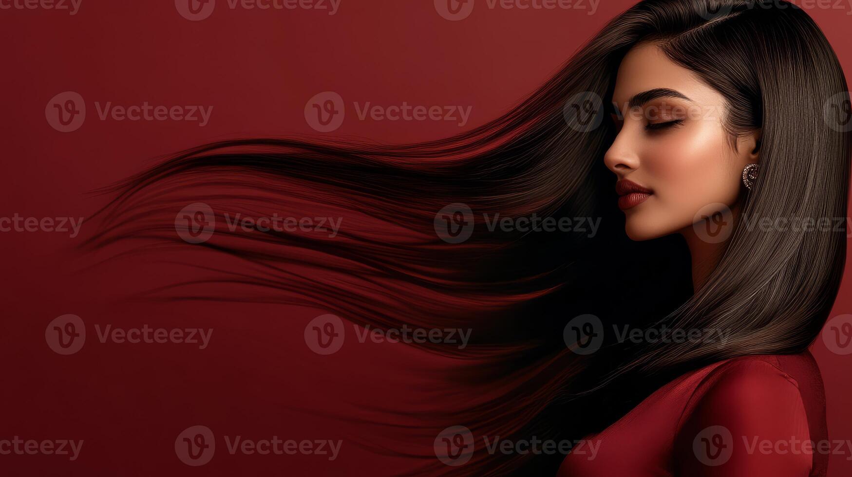 A stunning Indian woman showcases her flowing hair against a deep maroon backdrop photo
