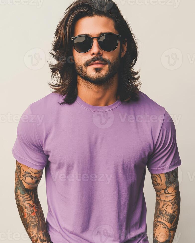 Handsome model displays a blank t-shirt while showcasing his confident style photo