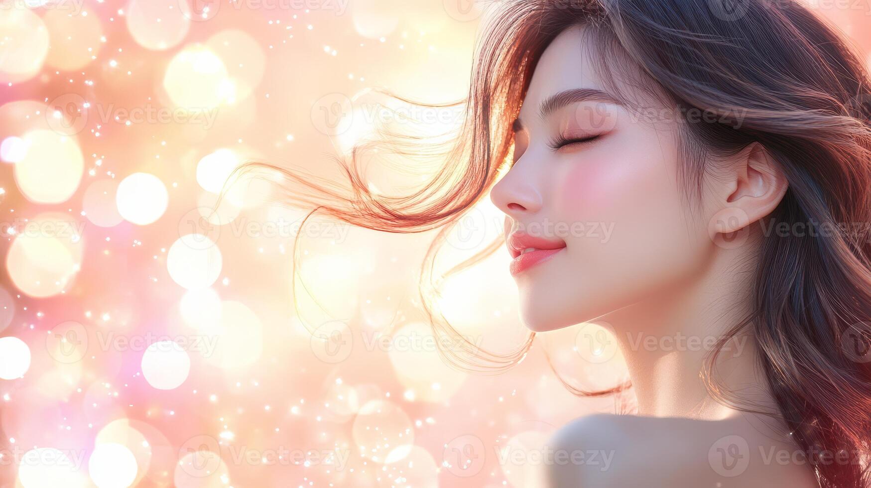 A Japanese woman embraces the tranquility of nature with flowing hair photo