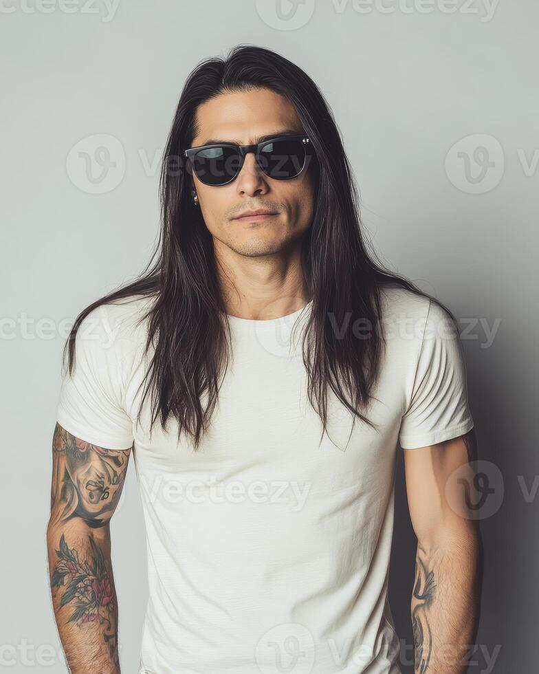 A handsome model showcases a blank t-shirt with confidence and style photo