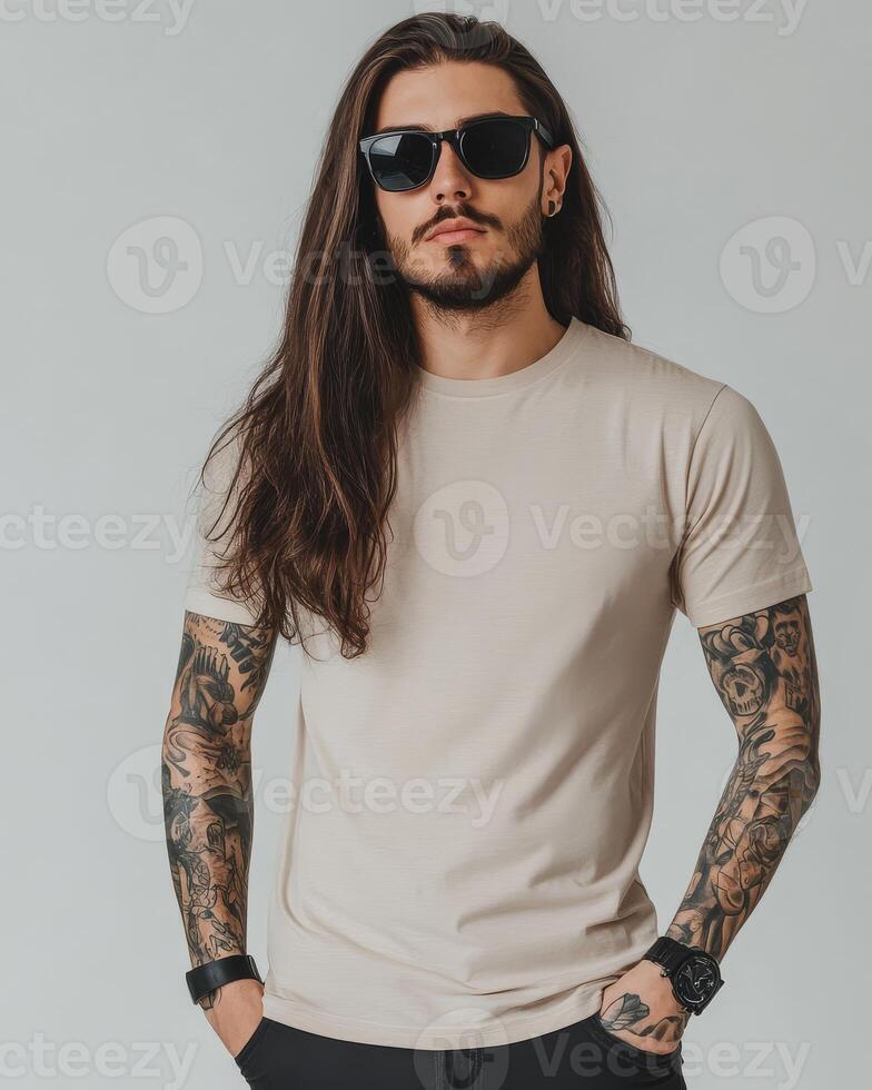 Model displays a blank t-shirt while embodying a confident, edgy style photo