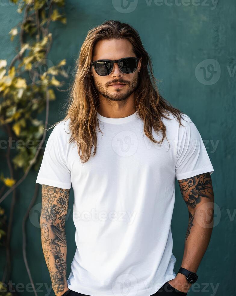 A confident model displays a blank t-shirt in a relaxed outdoor setting photo