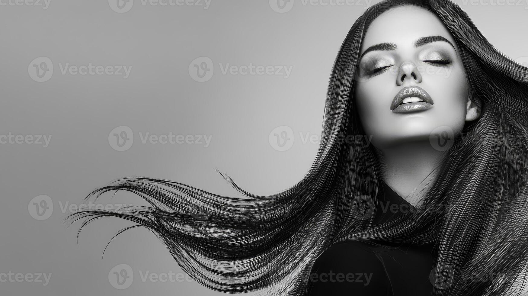 The model exudes confidence and grace with her flowing hair and elegant pose photo