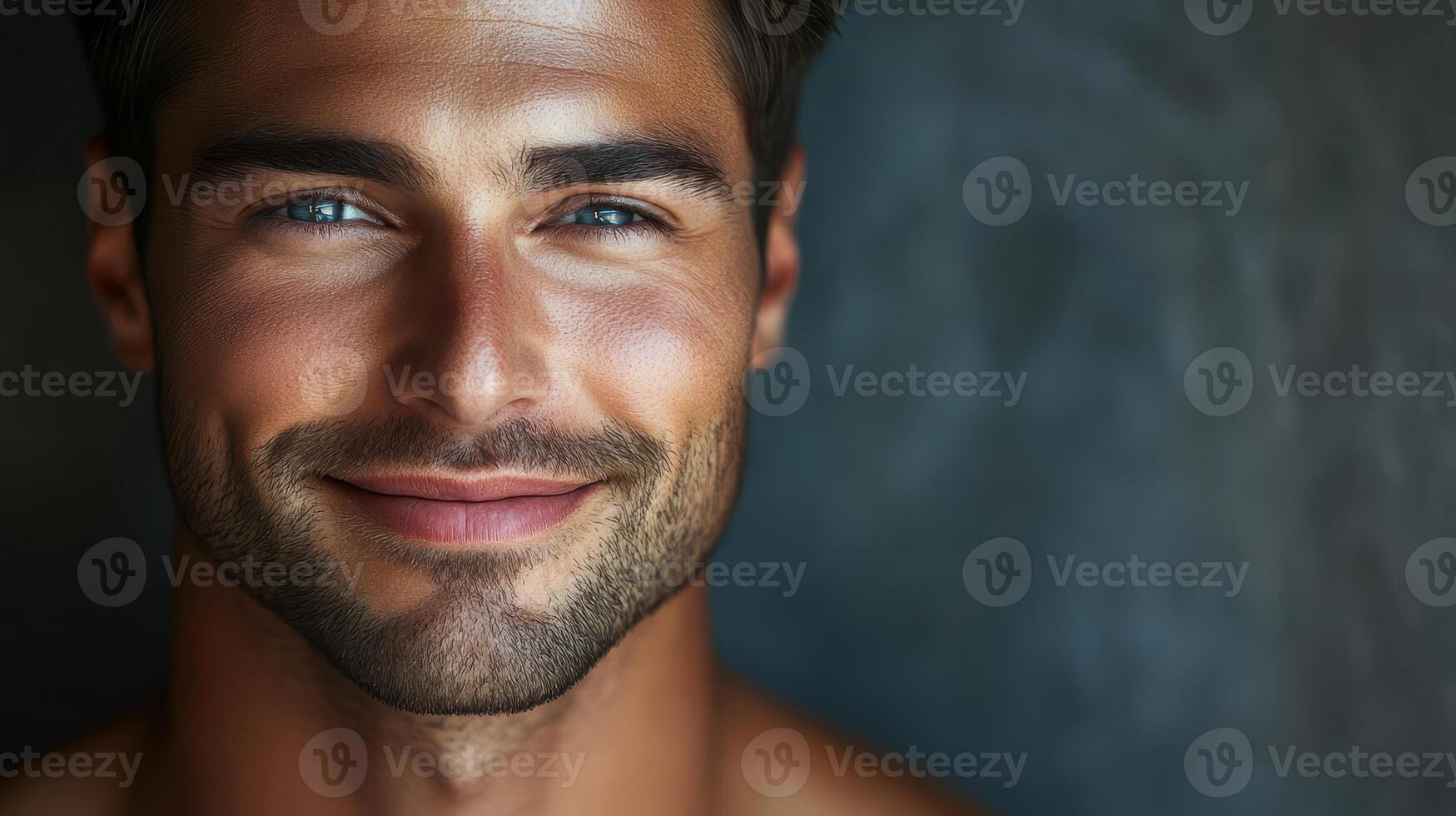 A handsome male model exudes warmth with a genuine smile and captivating eyes photo