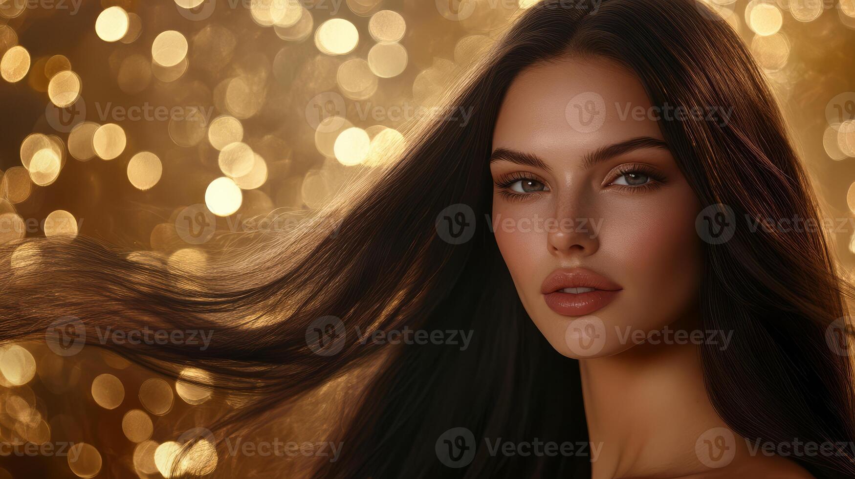 A beautiful woman radiates confidence as she plays with her hair, glowing softly photo