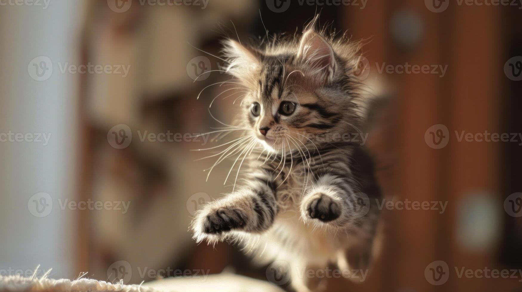 funny cat flying. photo of a playful tabby cat jumping mid-air looking at camera.