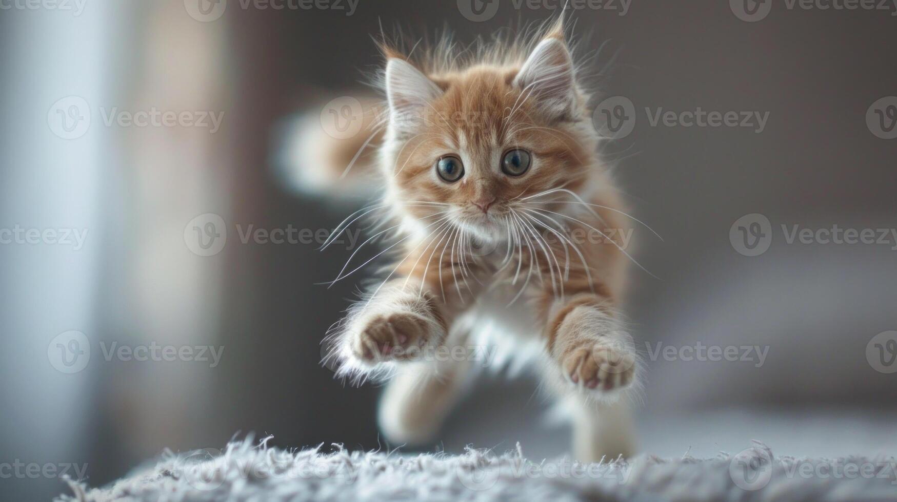 funny cat flying. photo of a playful tabby cat jumping mid-air looking at camera.