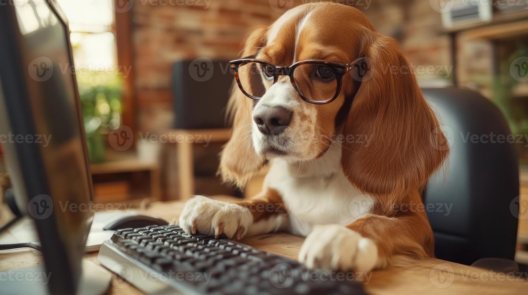 A dog wearing glasses is sitting in front of a computer keyboard photo