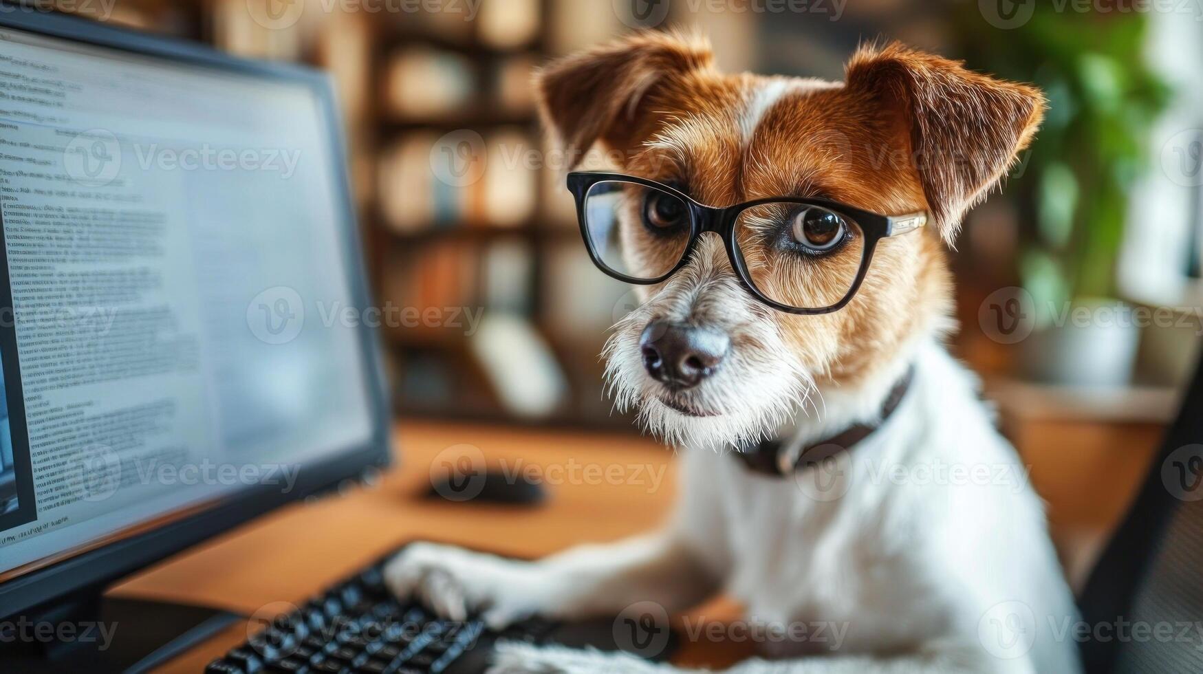 A dog wearing glasses is sitting in front of a computer keyboard photo