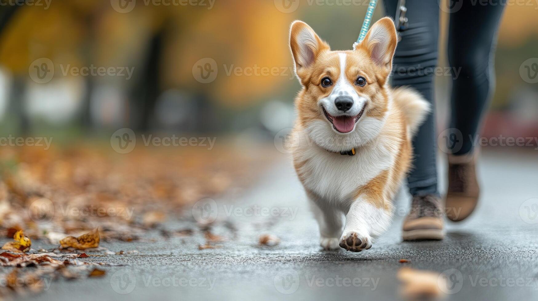 A dog is walking on a sidewalk with a leash photo