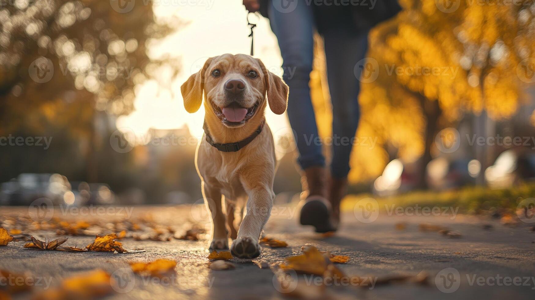A dog is walking on a sidewalk with a leash photo