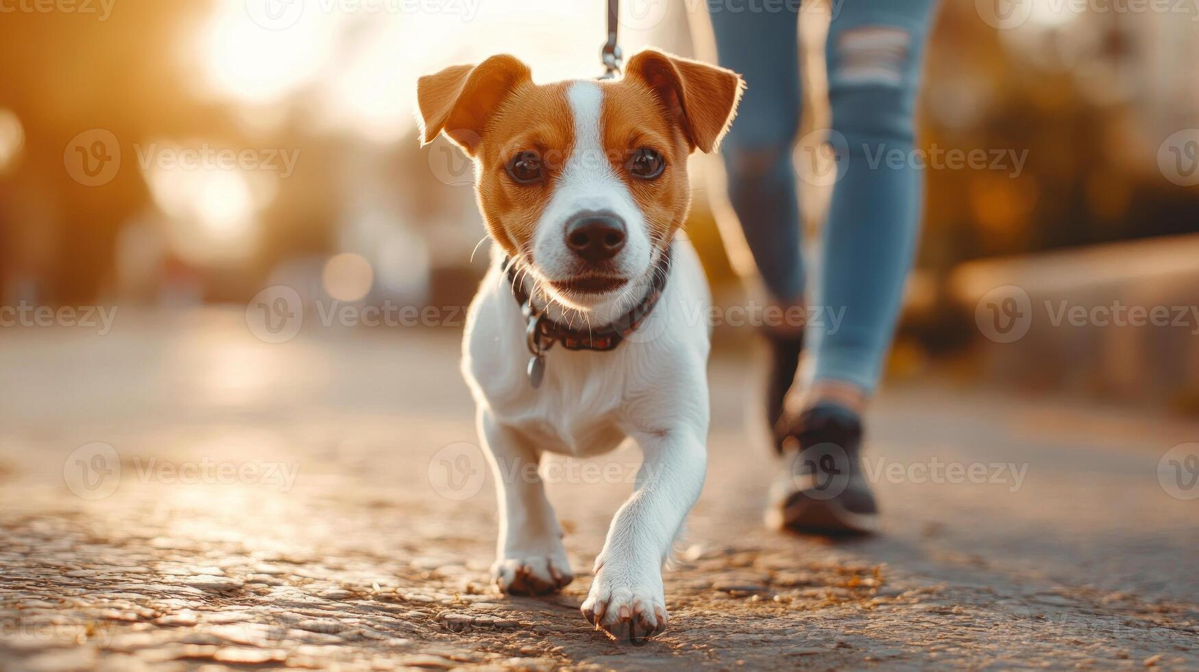 A dog is walking on a sidewalk with a leash photo