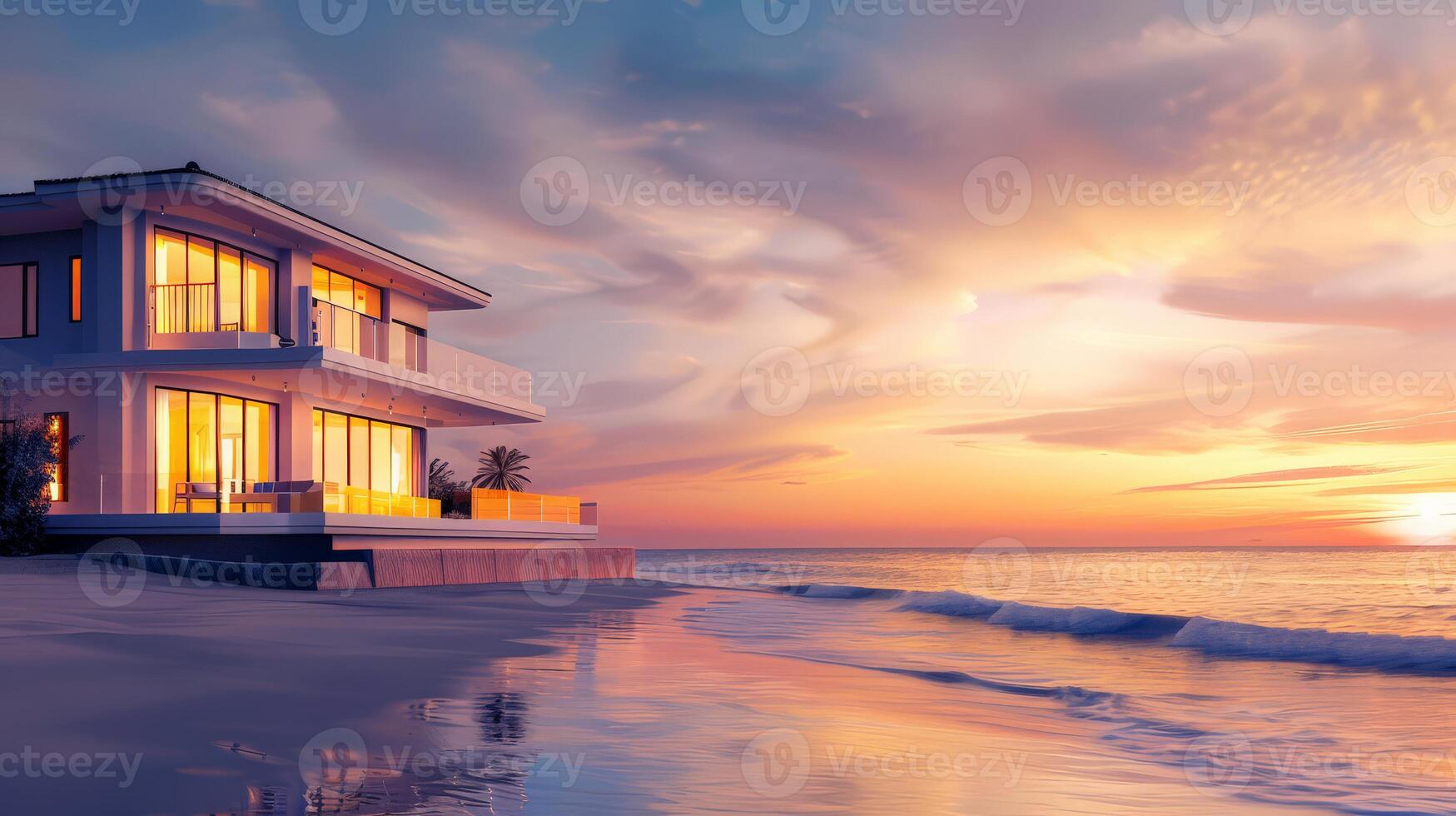 Golden hues illuminate a modern seaside residence at dusk photo