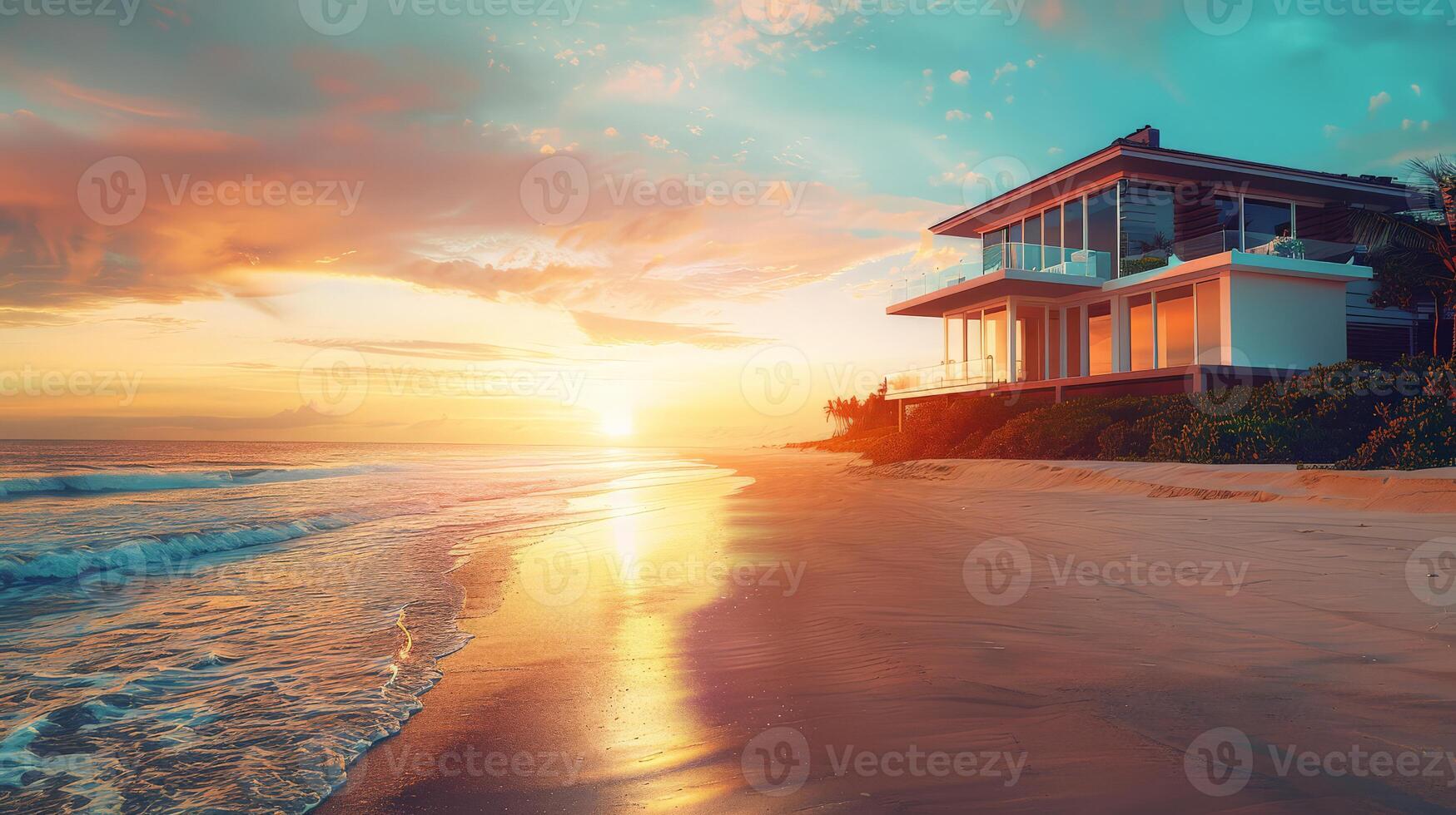 Golden sunset reflects on the tranquil water beside a stylish beachfront residence photo