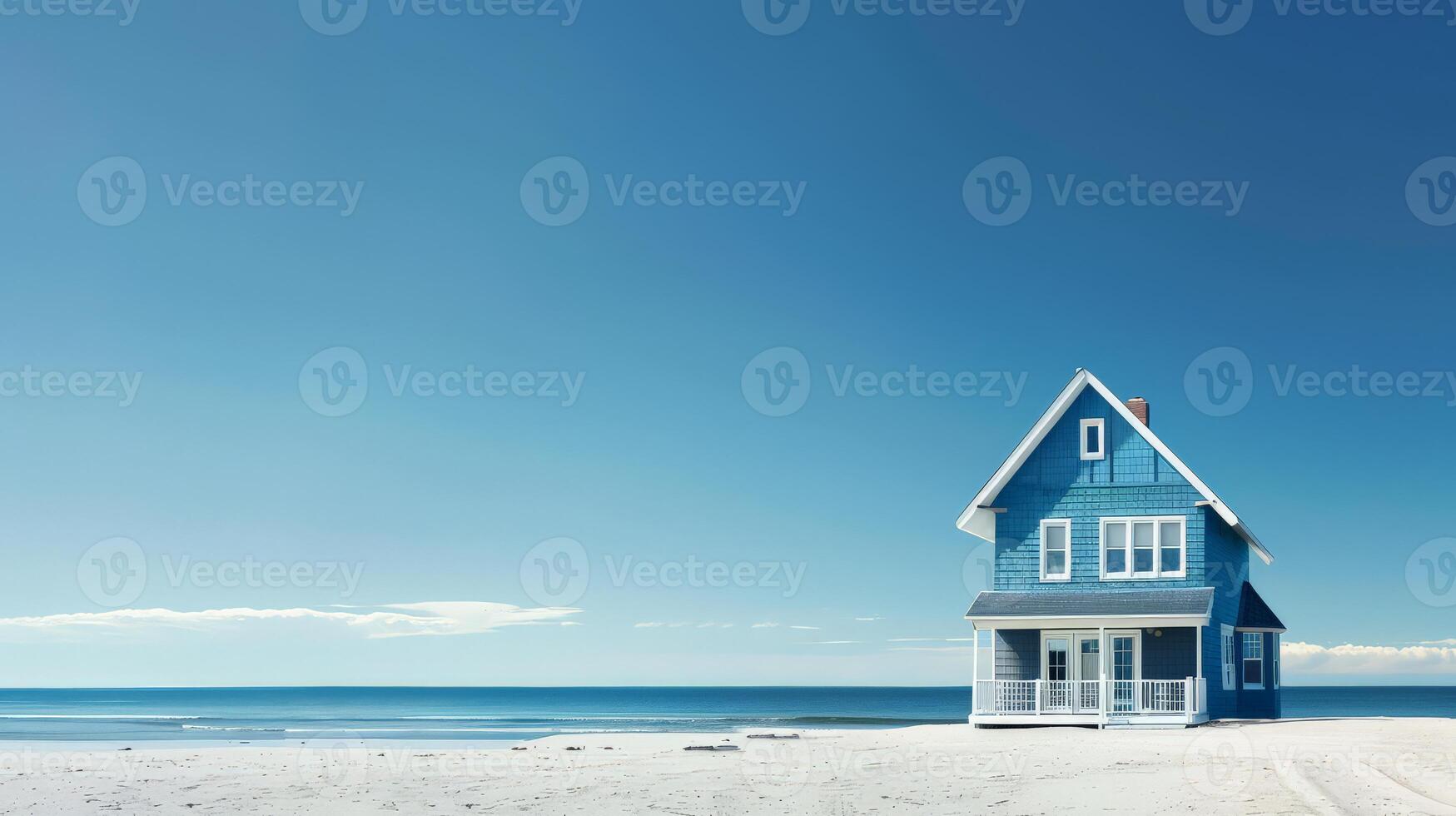 A charming blue house stands alone on a sandy beach by the calm ocean photo