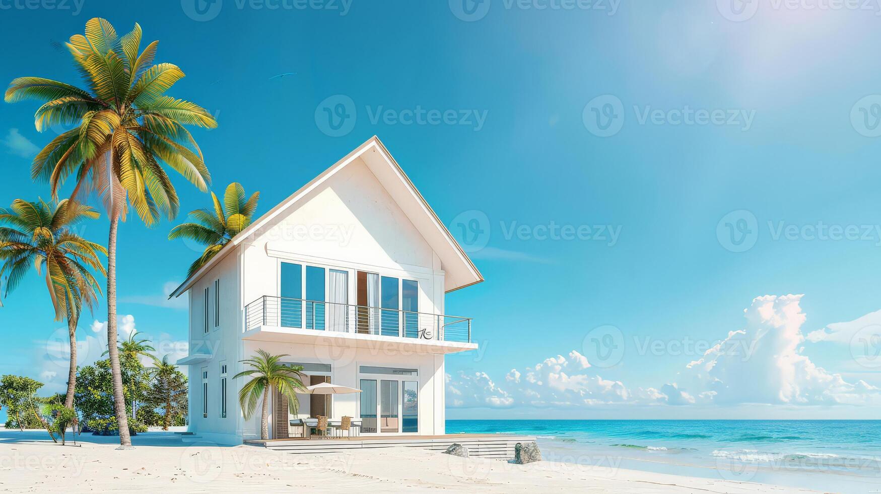 A serene beach house surrounded by palm trees and turquoise waters photo