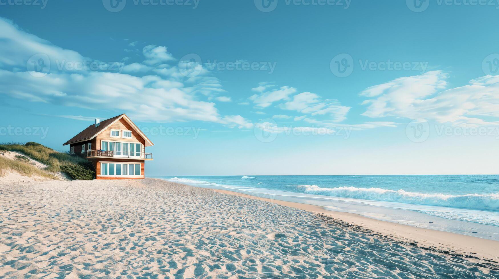 A beautiful beachside house glistens under the bright sky next to soft waves photo