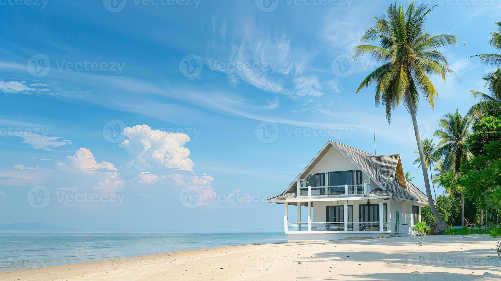 A peaceful beachside house surrounded by swaying palm trees under clear skies photo