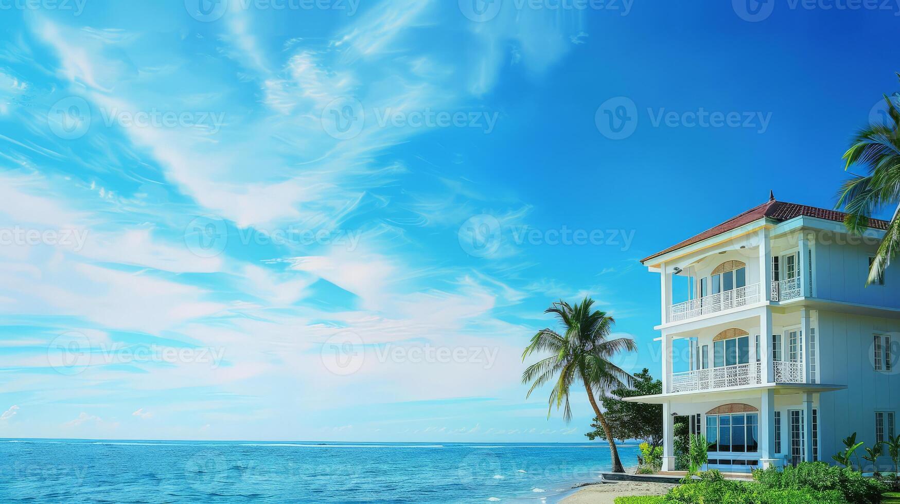 A serene villa stands by the calm ocean waves beneath a bright sky photo