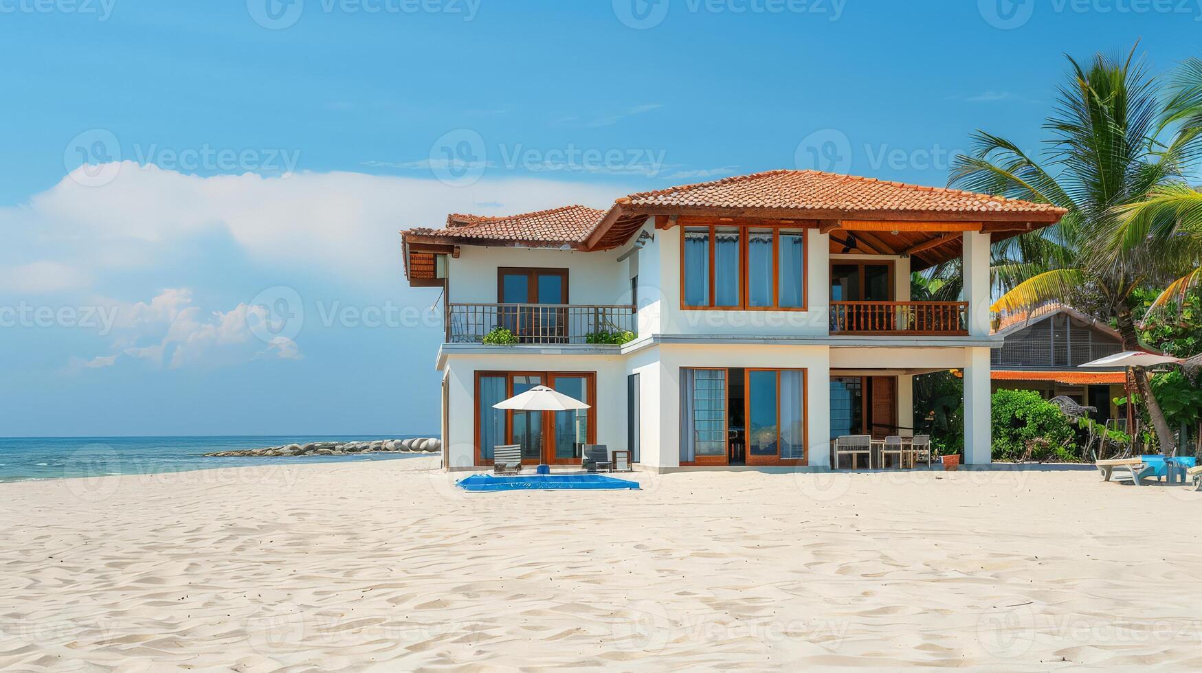 A beautiful villa enjoys the coastal breeze on a sunny, peaceful beach photo