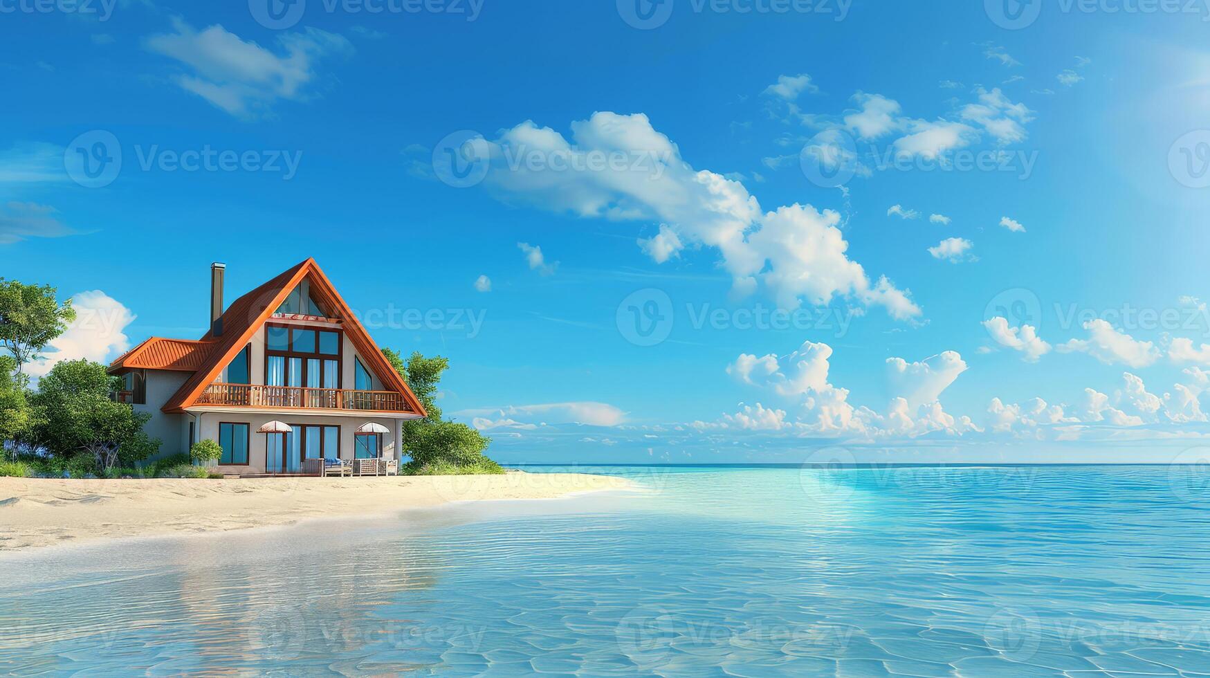 A picturesque house sits peacefully by the calm, blue ocean waters photo