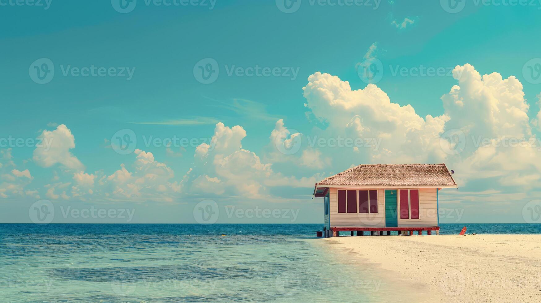 A vibrant beach house stands alone by the serene ocean under fluffy clouds photo