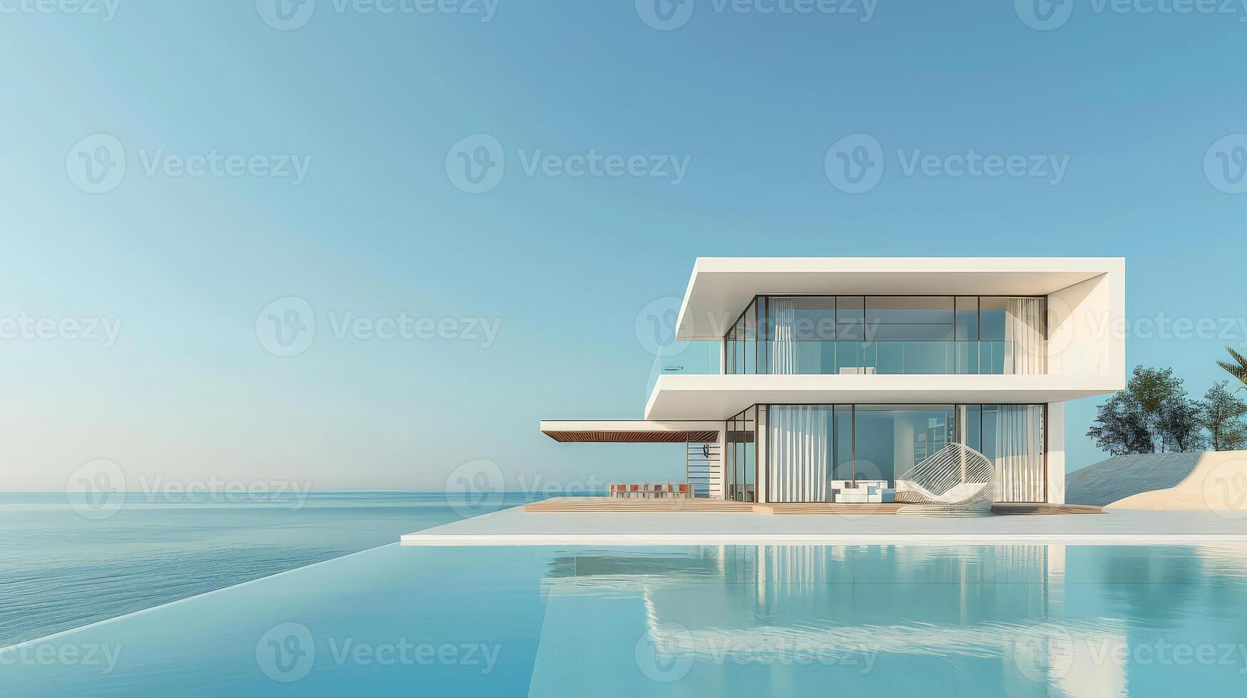 A stunning villa showcases elegant architecture beside tranquil waters photo