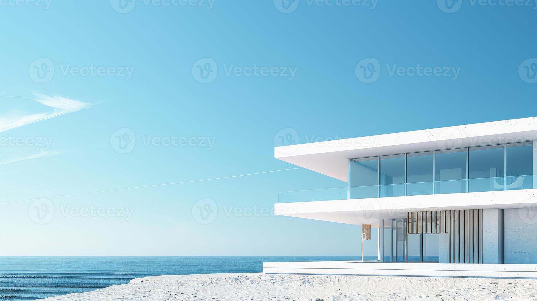 A sleek structure rests by the calm ocean under a radiant sky photo