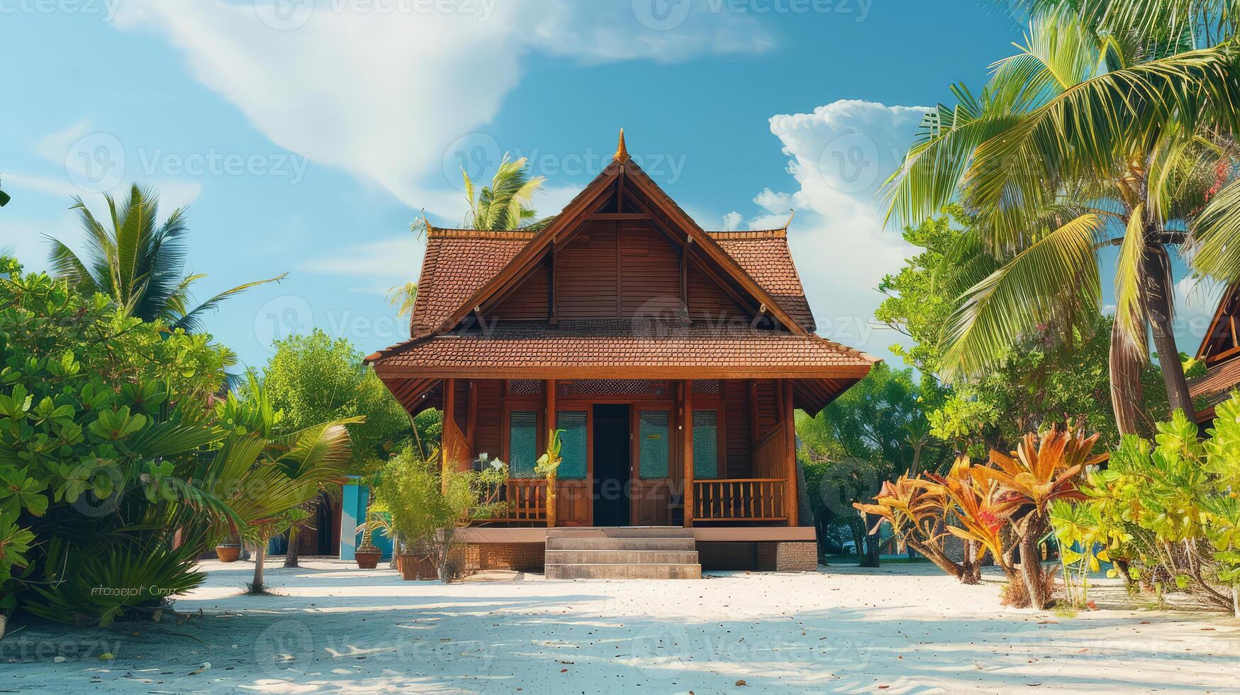 A serene wooden cottage nestled among vibrant greenery under a clear blue sky photo