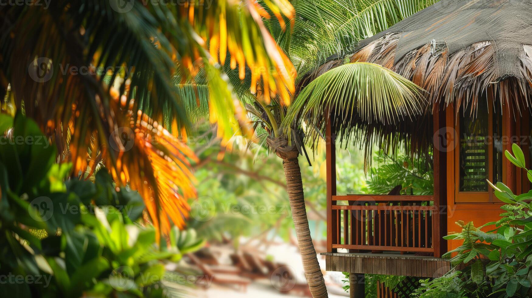 A peaceful retreat nestled among vibrant palms and tropical plants photo