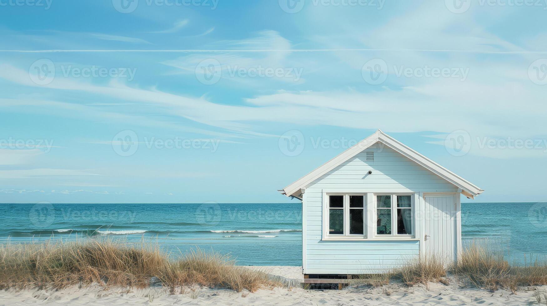 A small beach house overlooks the tranquil waves under a clear blue sky photo
