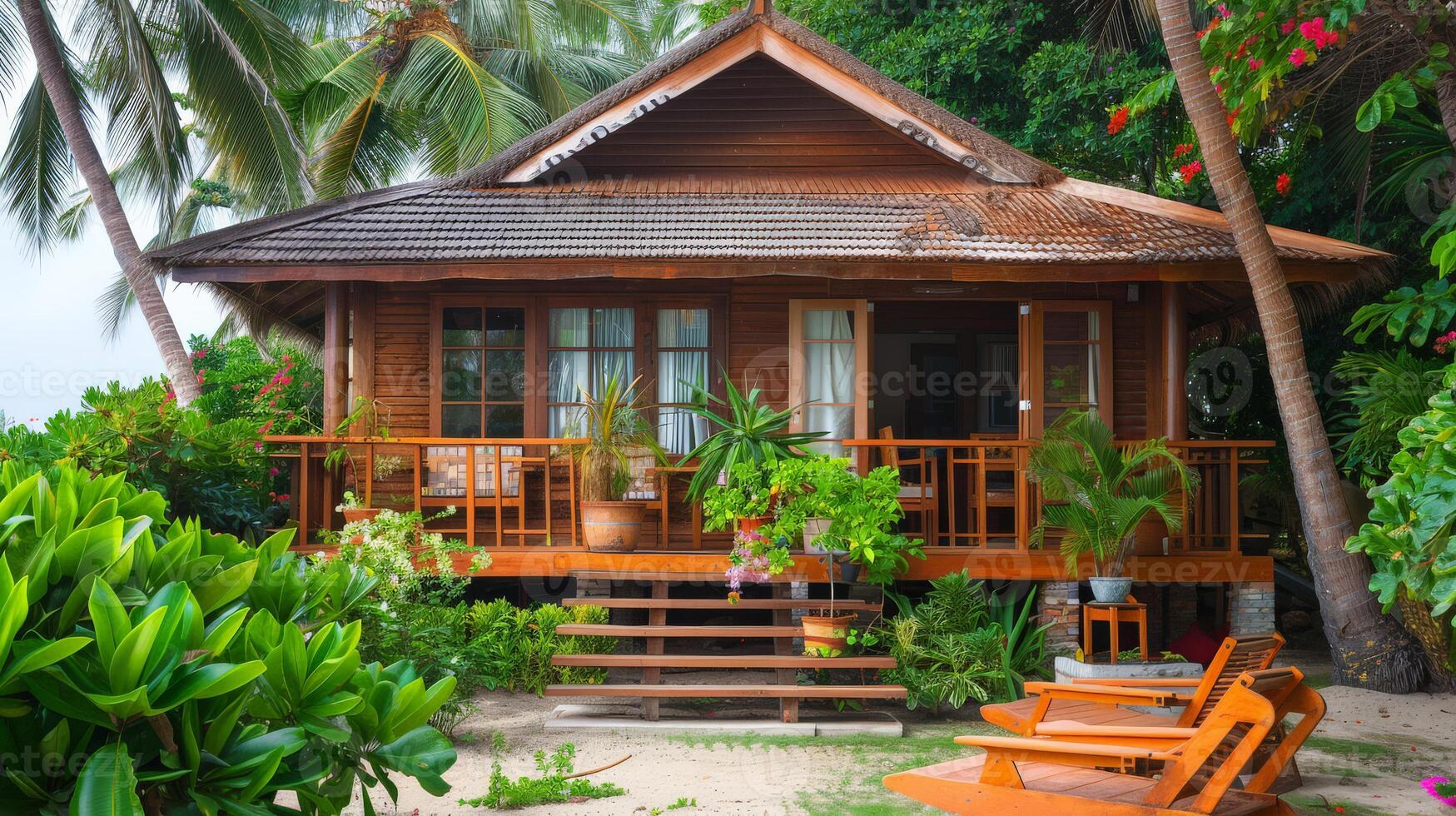 A lovely wooden cottage nestled among tropical plants under clear skies photo