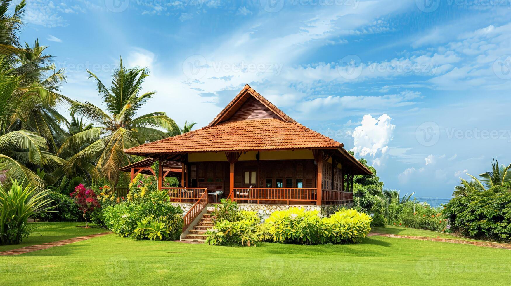 A wooden cottage stands majestically amidst lush gardens and swaying palms photo