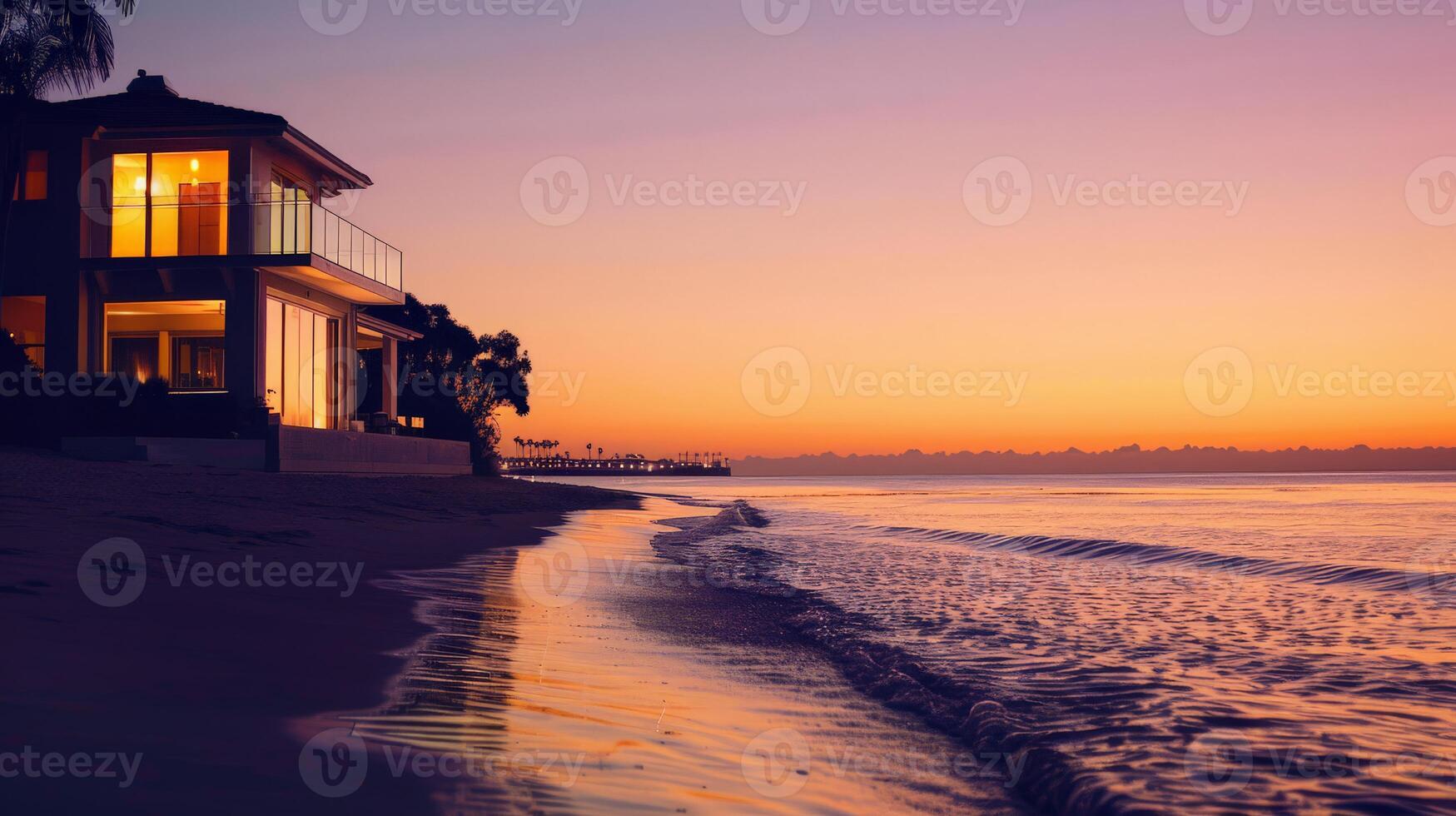 Golden hues blend over the ocean as dusk settles by the beachside residence photo