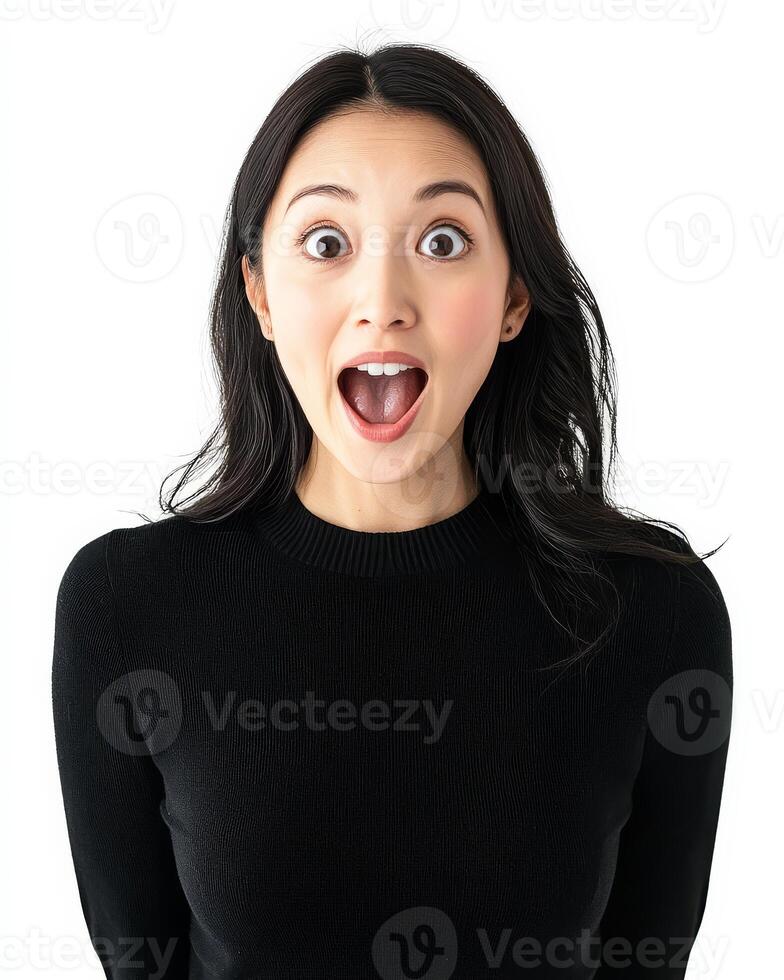 A joyful young woman with a surprised expression stands, sharing her excitement photo