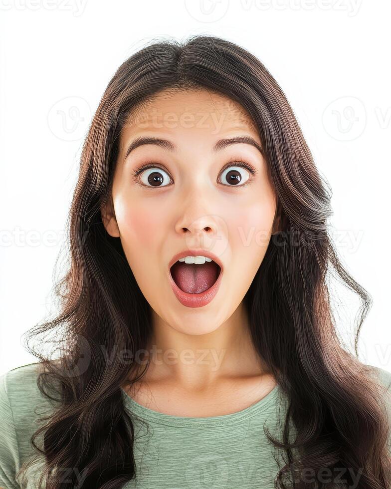 A joyful woman with expressive eyes and flowing hair shows her excitement photo