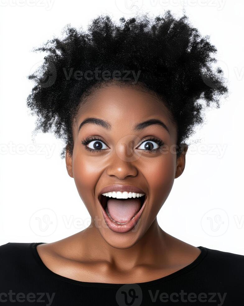 A joyful woman beams with excitement and vibrant energy, showcasing her happiness photo